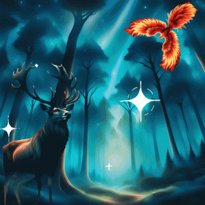 a deer in a dark forest with a phoenix rising and flying down to become the deer